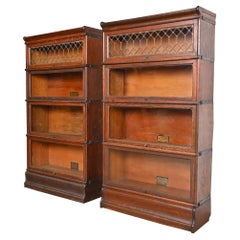 Antique Globe Wernicke Arts & Crafts Oak Barrister Bookcases With Leaded Glass, Pair