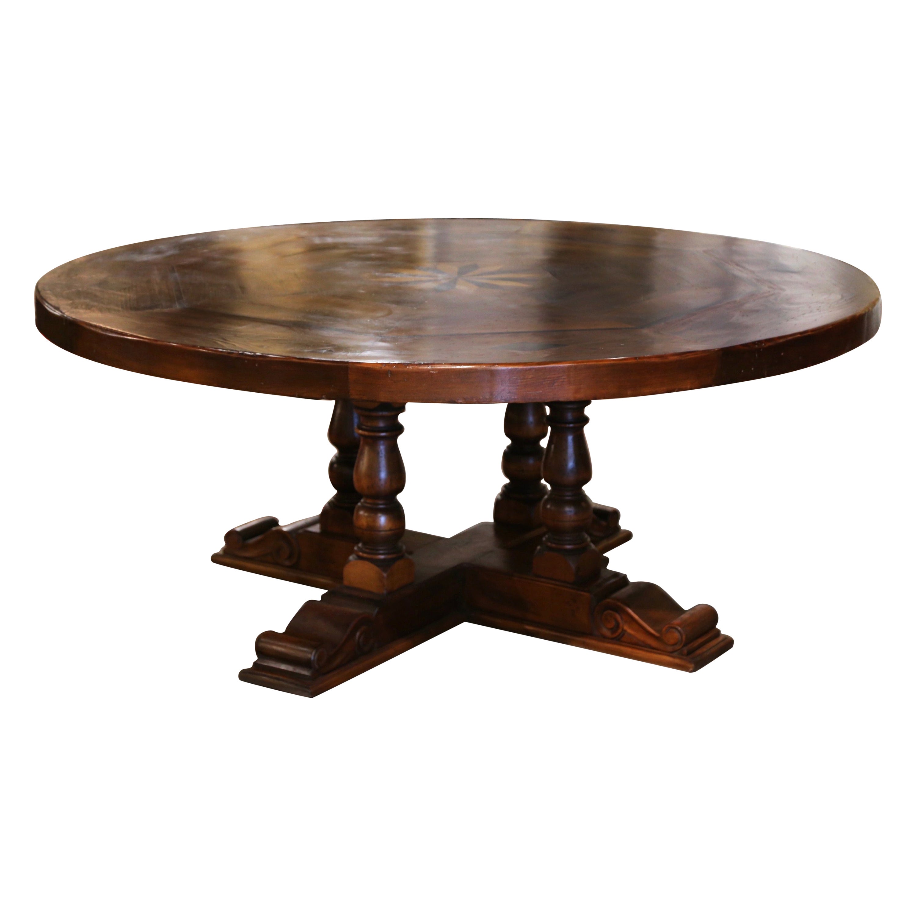 French Carved Marquetry Decor Walnut and Pine Pedestal Round Dining Table For Sale