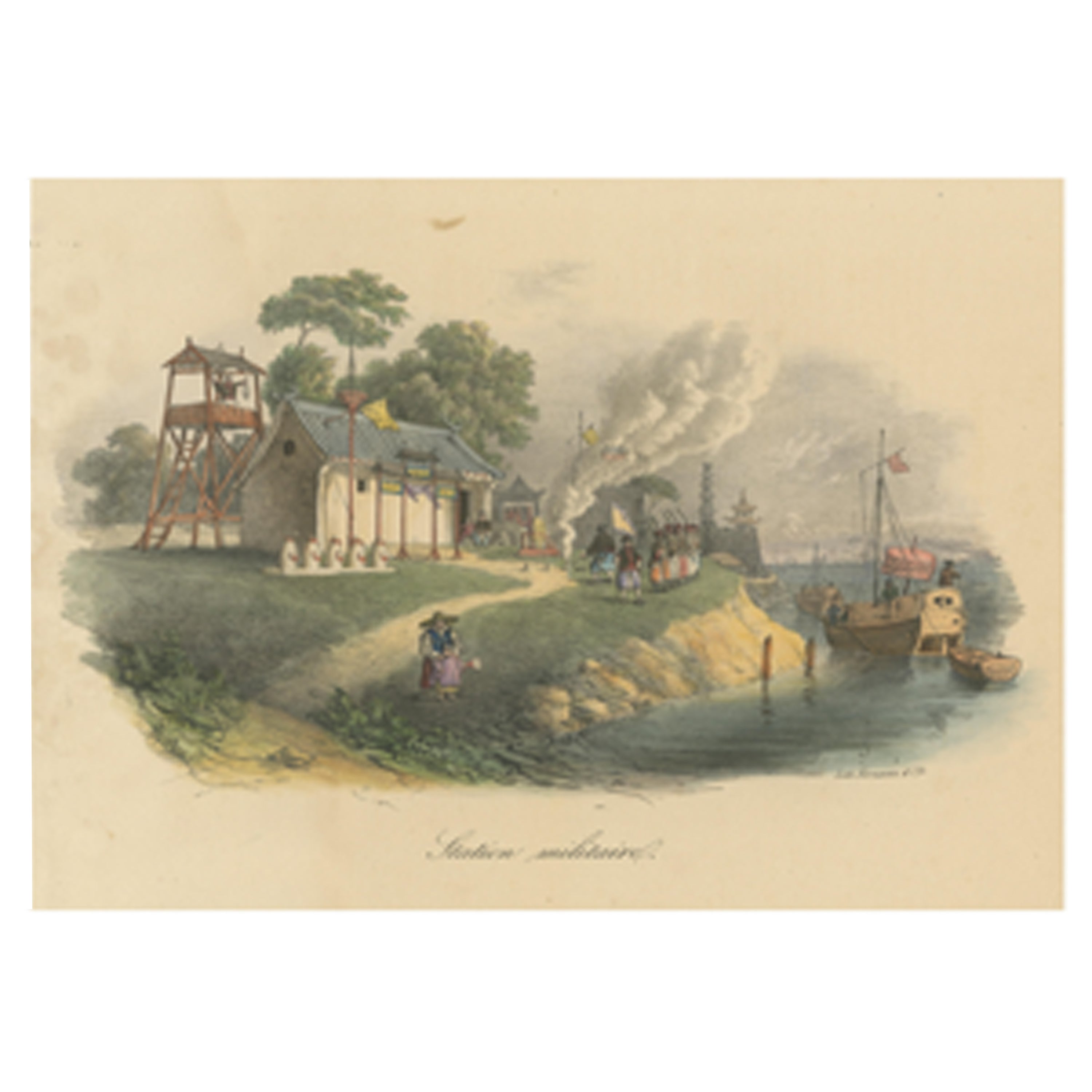 Antique Print of a Chinese Military Station For Sale