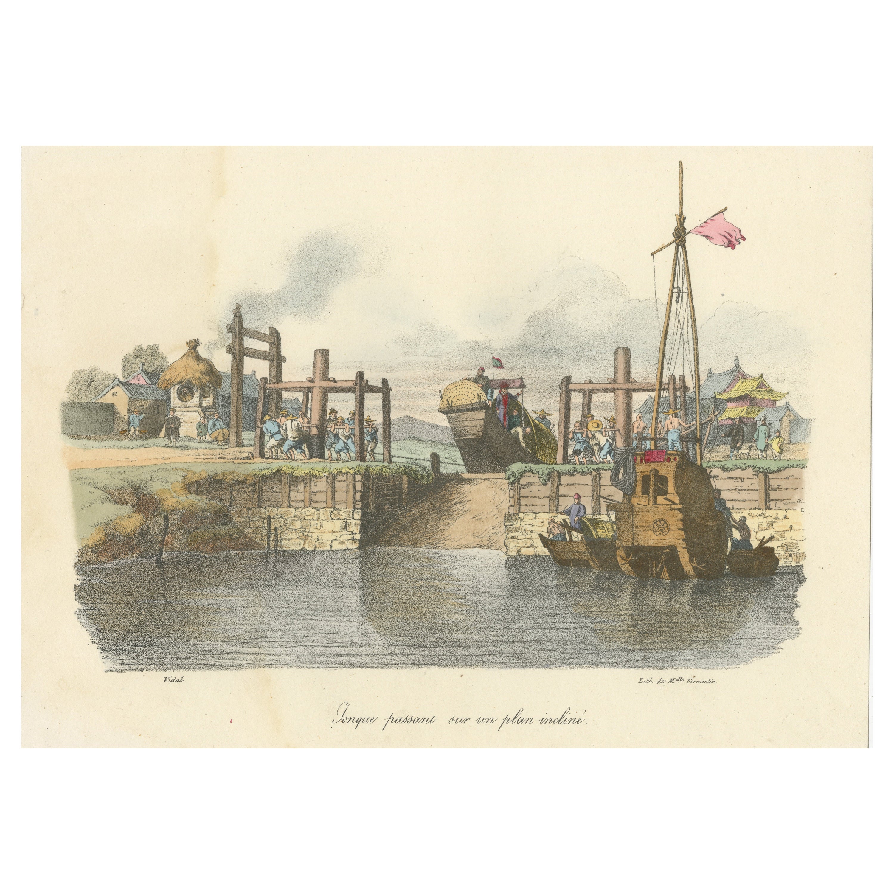 Antique Print of a Chinese Junk on a Slope