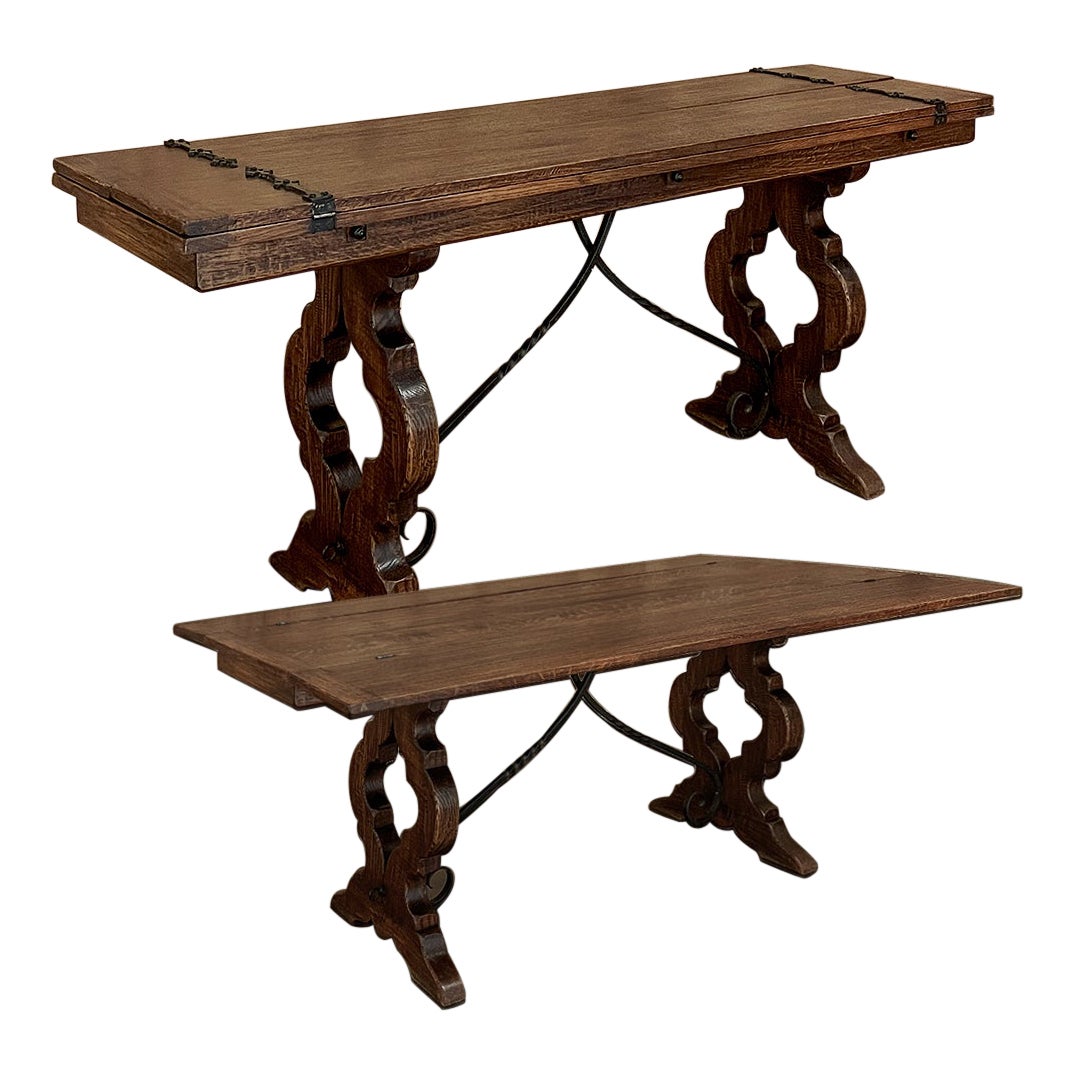 Rustic Spanish Vintage Fliptop Sofa Table, Dining Table with Wrought