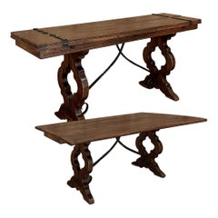 Rustic Spanish Vintage Fliptop Sofa Table, Dining Table with Wrought Iron