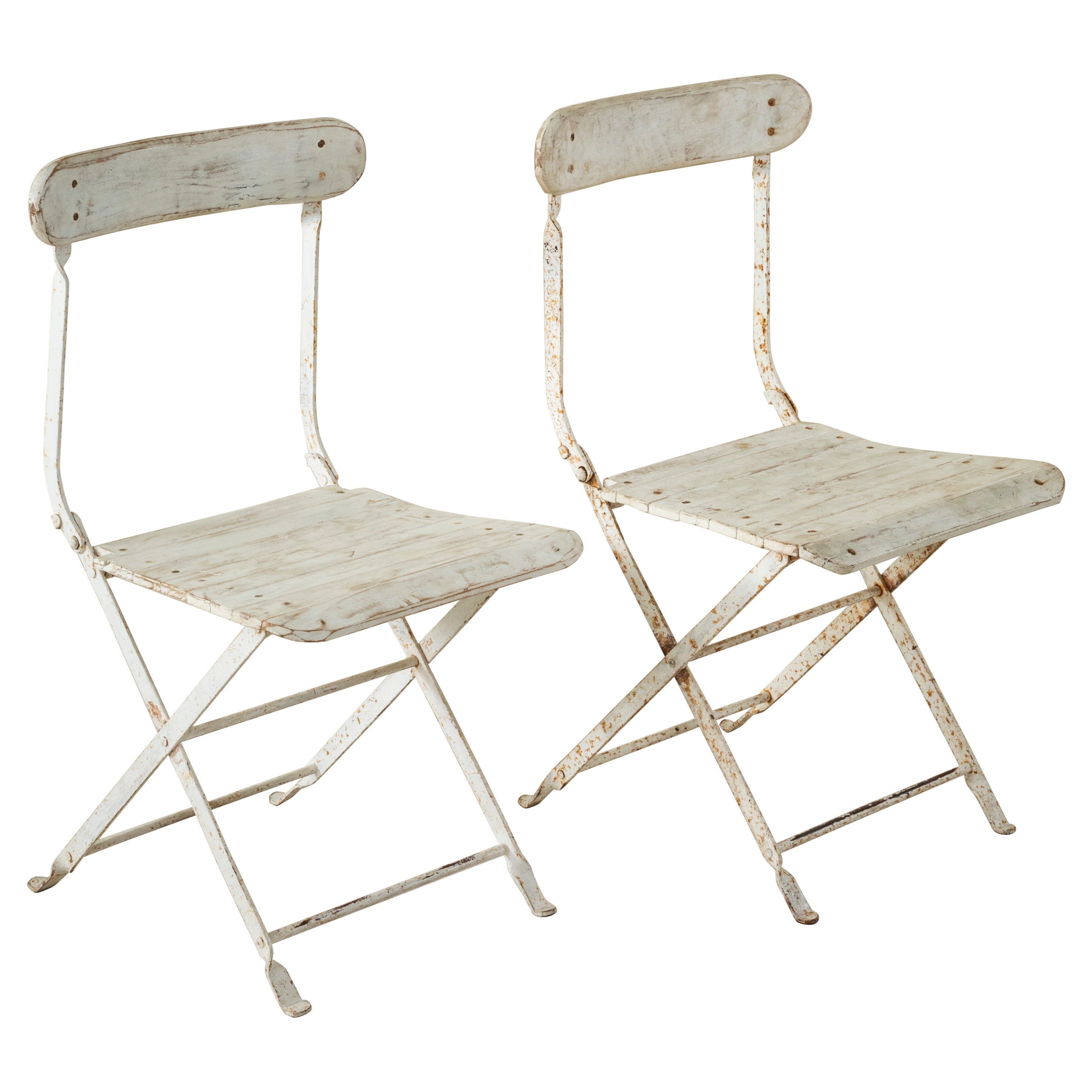 Midcentury French White Painted Iron and Ash Folding Garden Chairs, in Pairs For Sale