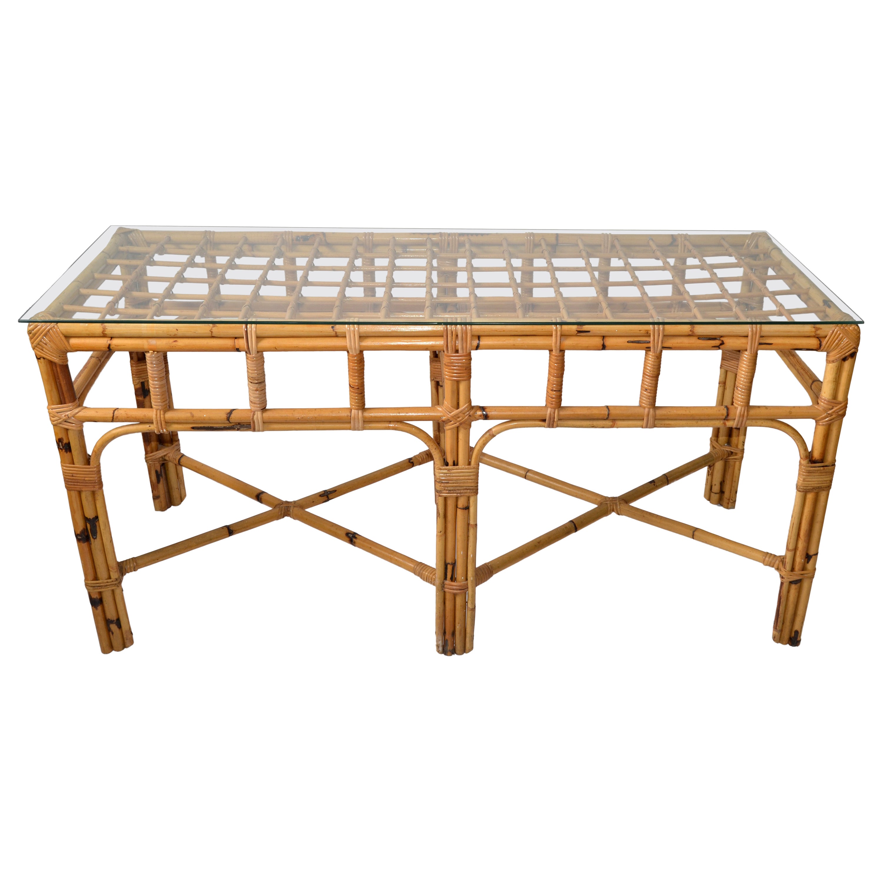 American Mid-Century Modern 6 Legs Bent Bamboo & Rattan Glass Top Console Table