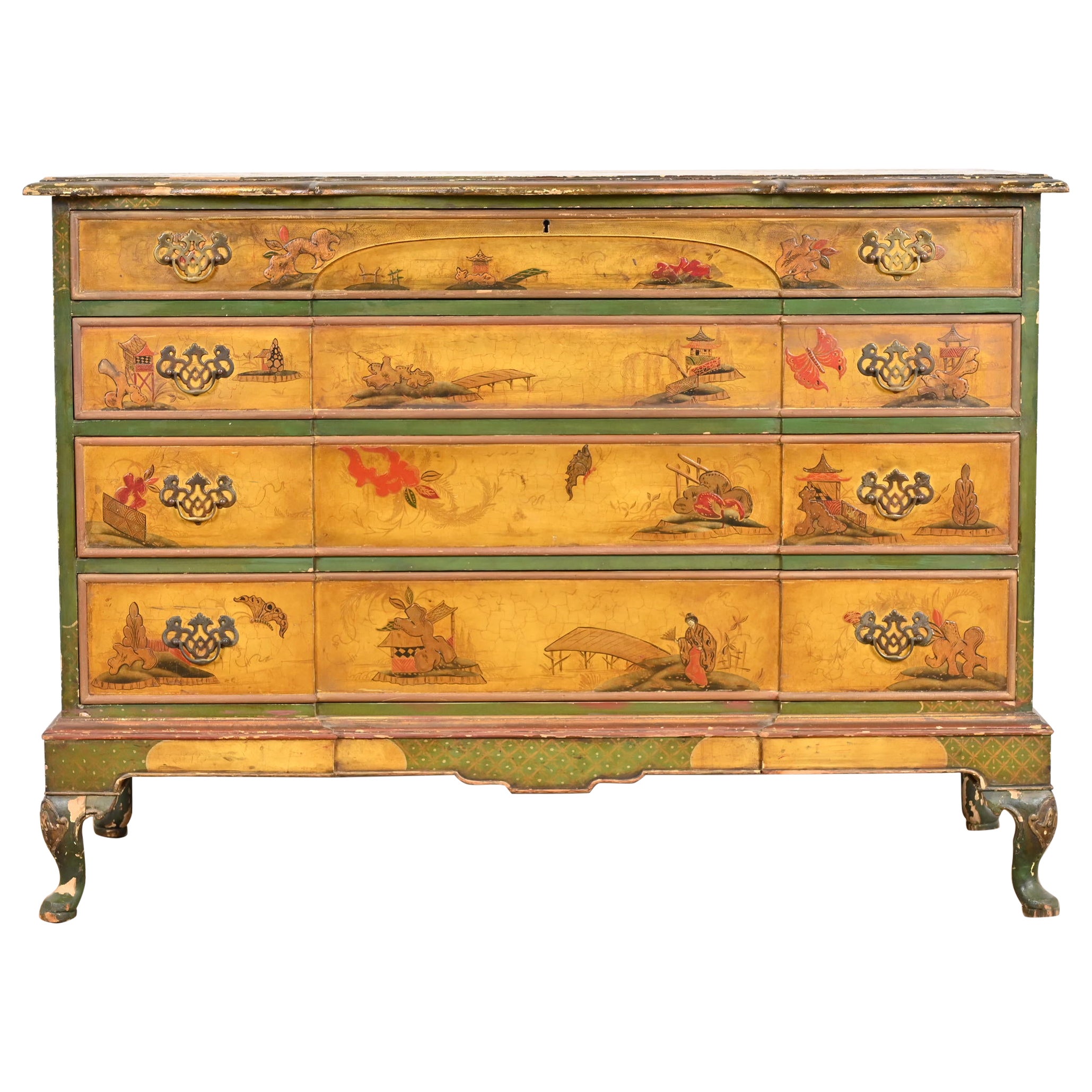 Antique Japanned Chinoiserie Queen Anne Bureau From Historic Edgecroft Mansion