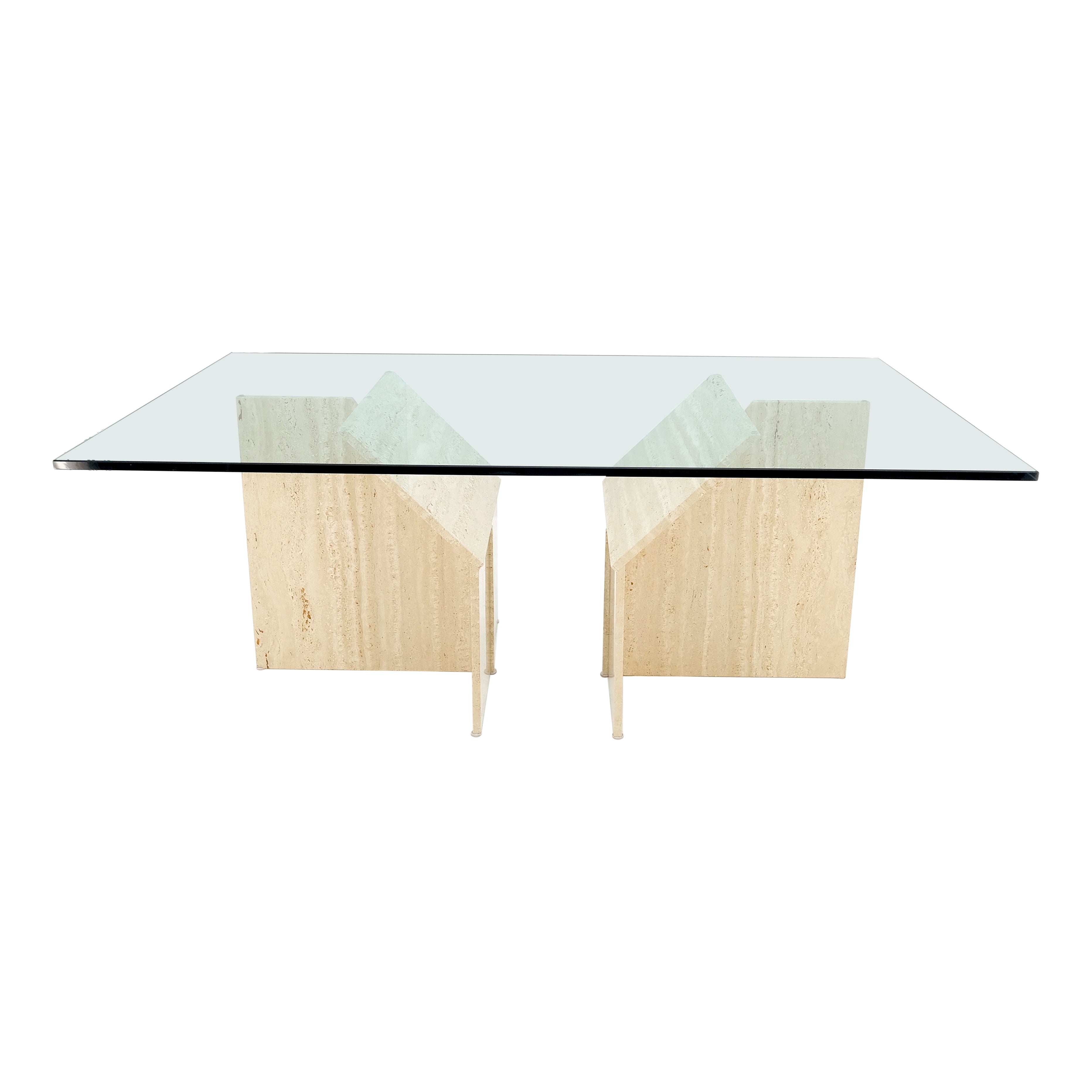 Large Double Travertine Pedestal Glass Top Dining Conference Table Mint! For Sale