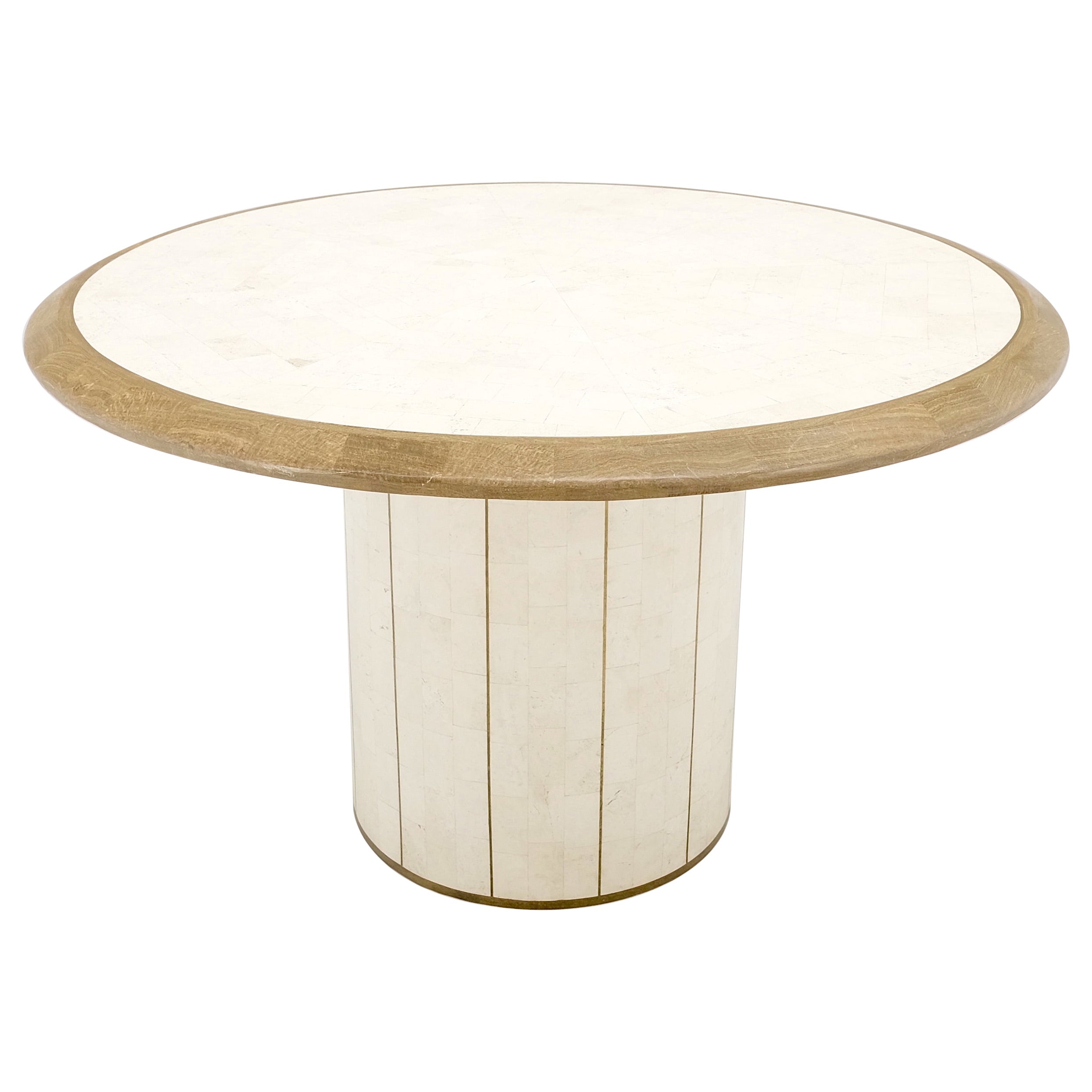 Round Travertine Tile Brass Inlay Cylinder Base Dining Conference Table Mint! For Sale