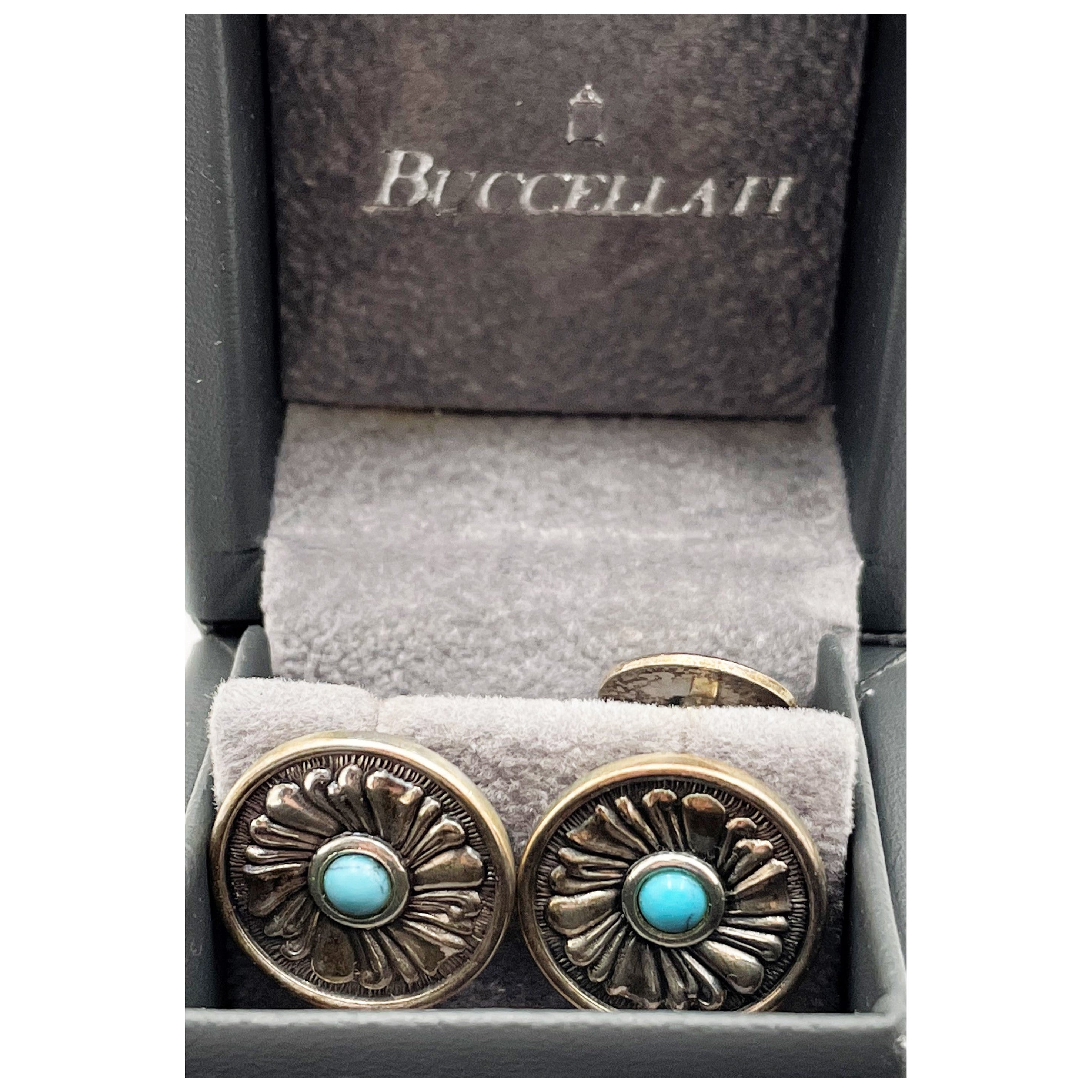 Paire de boutons de manchette italiens Buccellati en argent sterling et turquoise à motifs floraux en vente