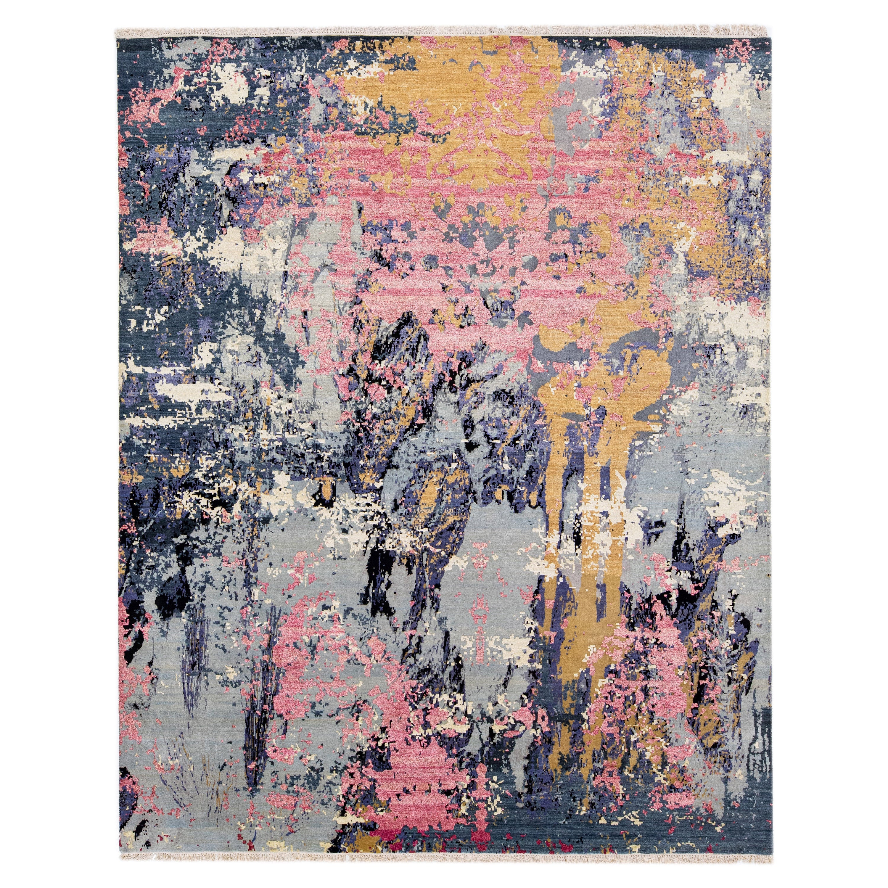 Multicolor Contemporary Tibetan Wool & Silk Rug with Abstract Motif