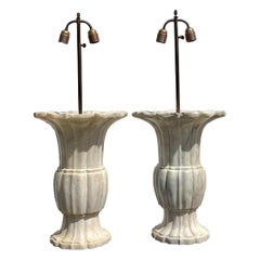 Vintage Boho Monumental Carved Marble Urn Lamps, a Pair
