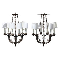 Pair of Louis Phillippe Style Gilt & Patinated Bronze Six-Light Chandeliers