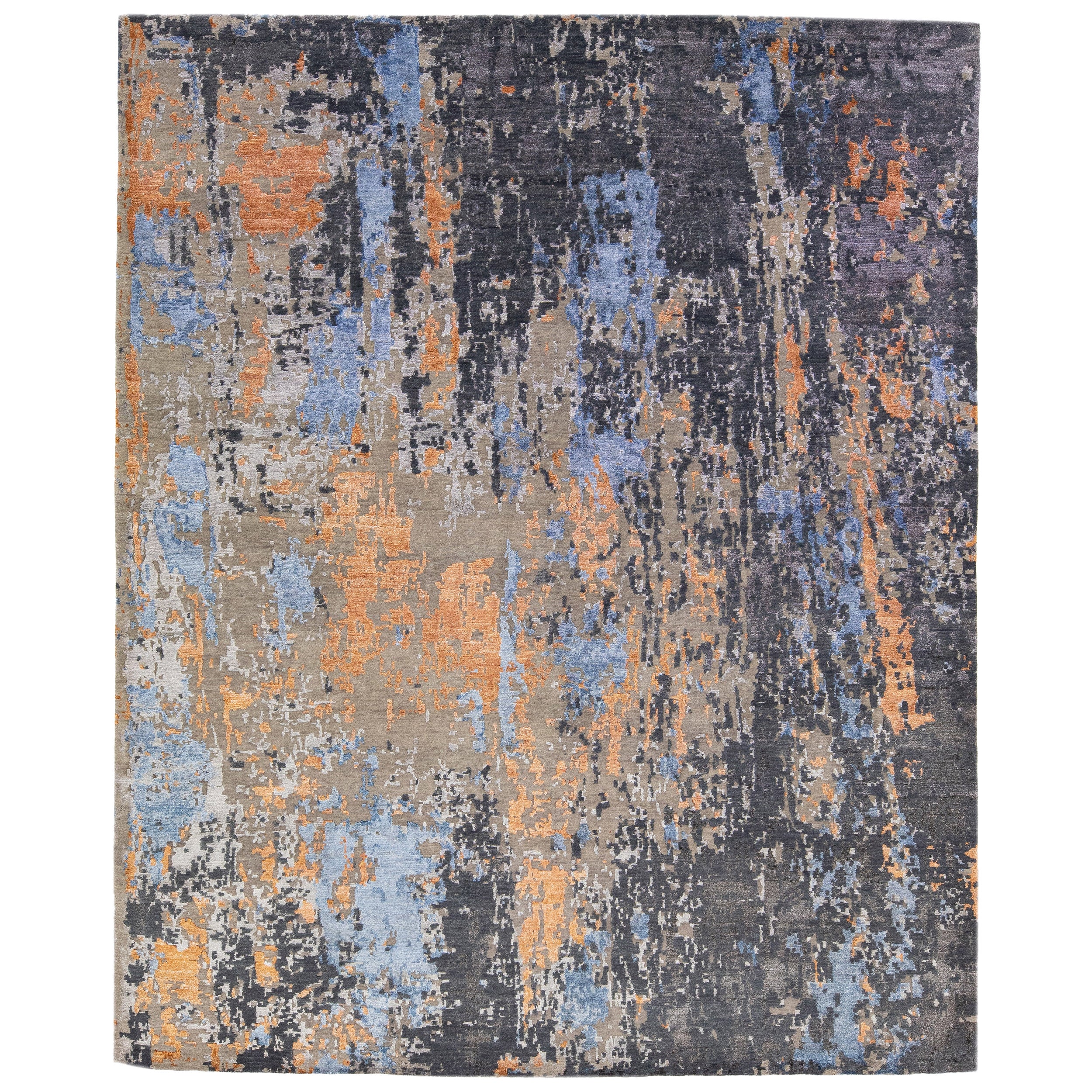 Handgefertigter Teppich aus Wolle und Seide aus Rosenholz mit abstraktem Motiv in Grau