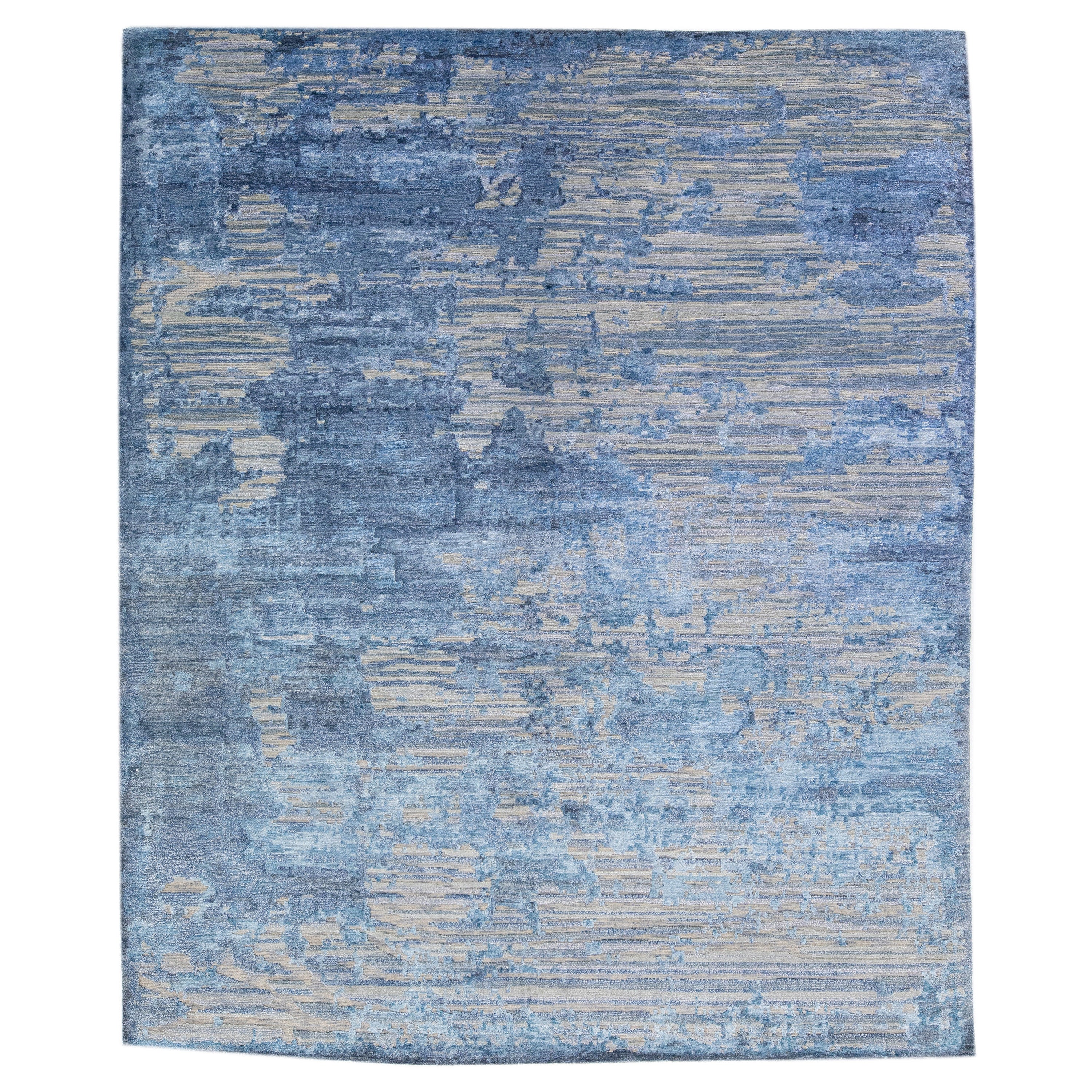 Tapis moderne abstrait en laine et soie fait à la main en gris et bleu