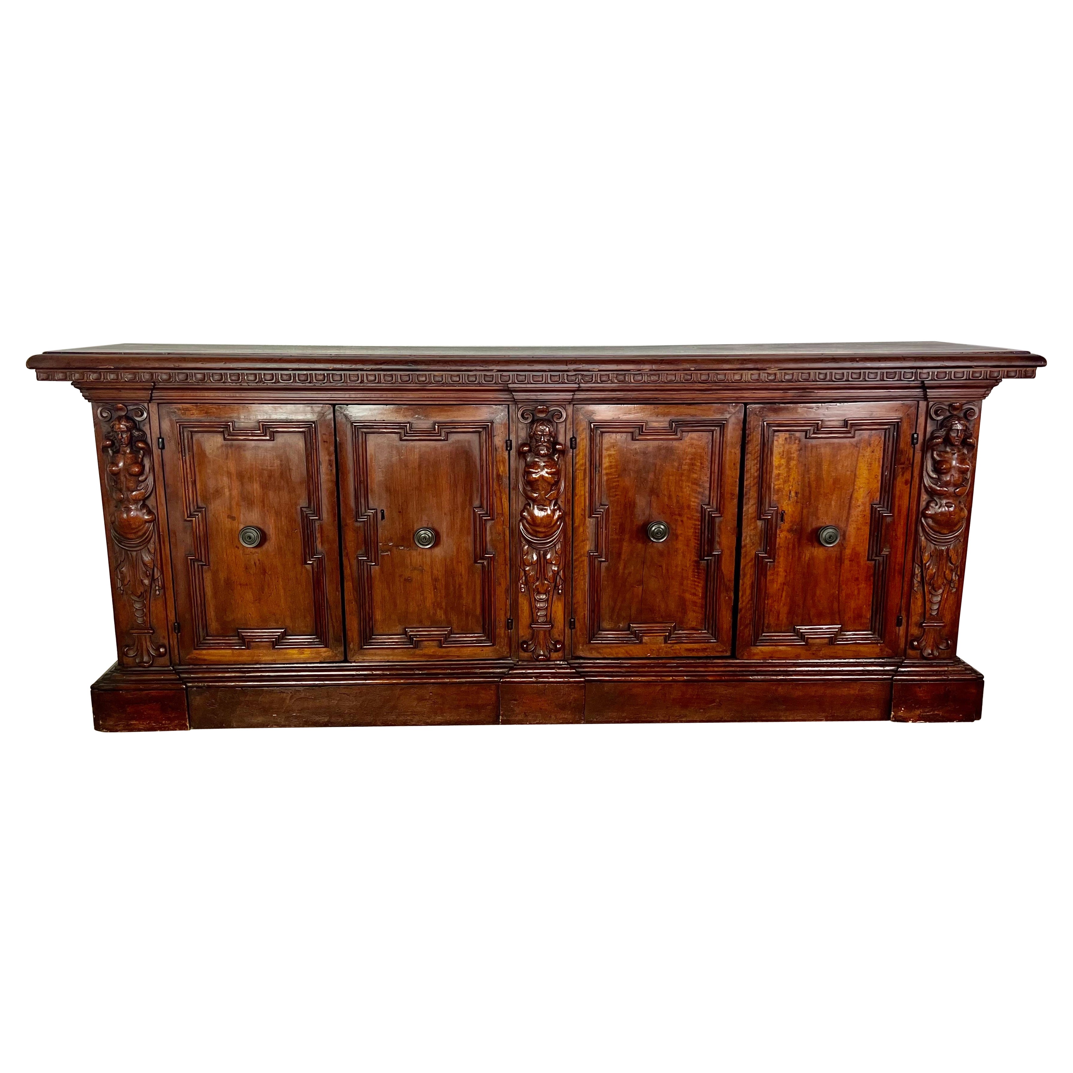 19th Century Walnut Italian Credenza with Intricate Carving Throughout For Sale
