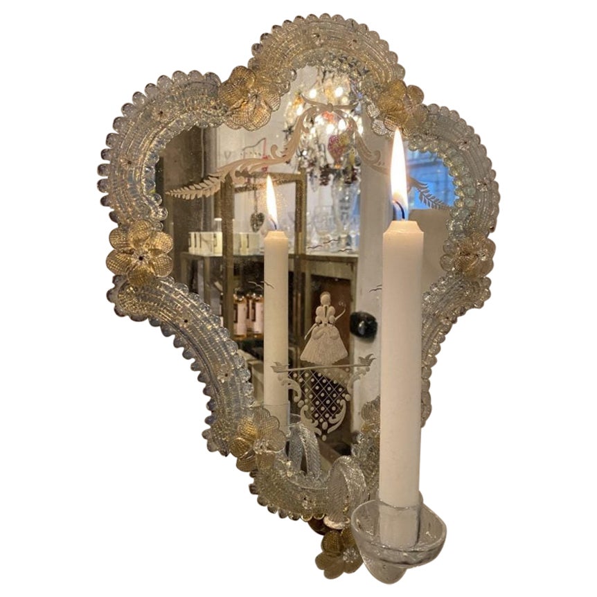 Lovely 1920s Venetian Wall Mirror and Candle Light Sconce For Sale