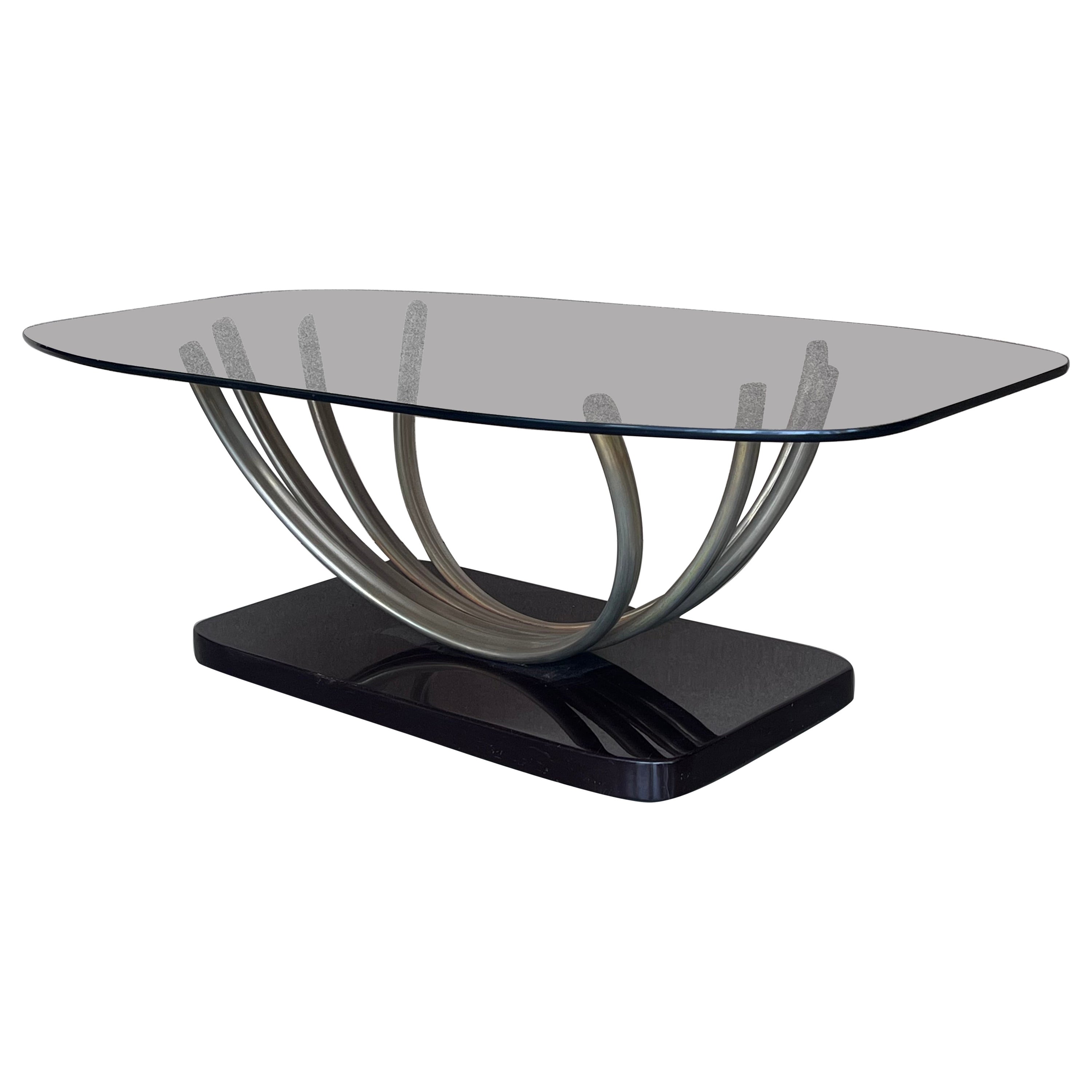 Art Decó Chrome Coffee Table with Fumé Glass Top and Ebonized Base For Sale