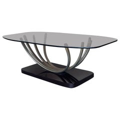 Art Decó Chrome Coffee Table with Fumé Glass Top and Ebonized Base