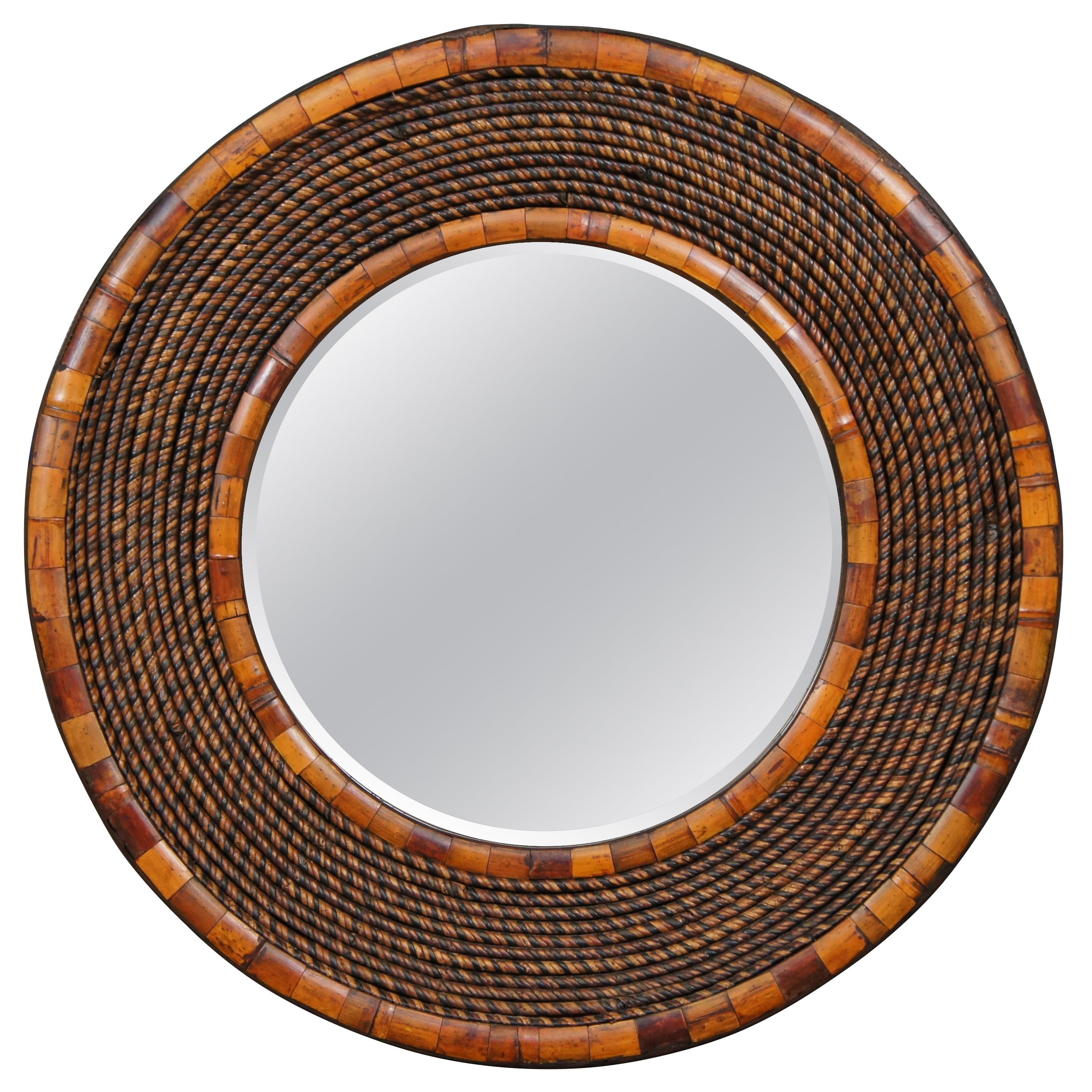 Vintage Round Rattan & Bamboo Bohemian Bullseye Wall Vanity Mirror 