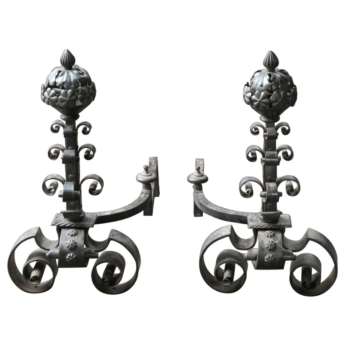 French Art Nouveau Iron Andirons