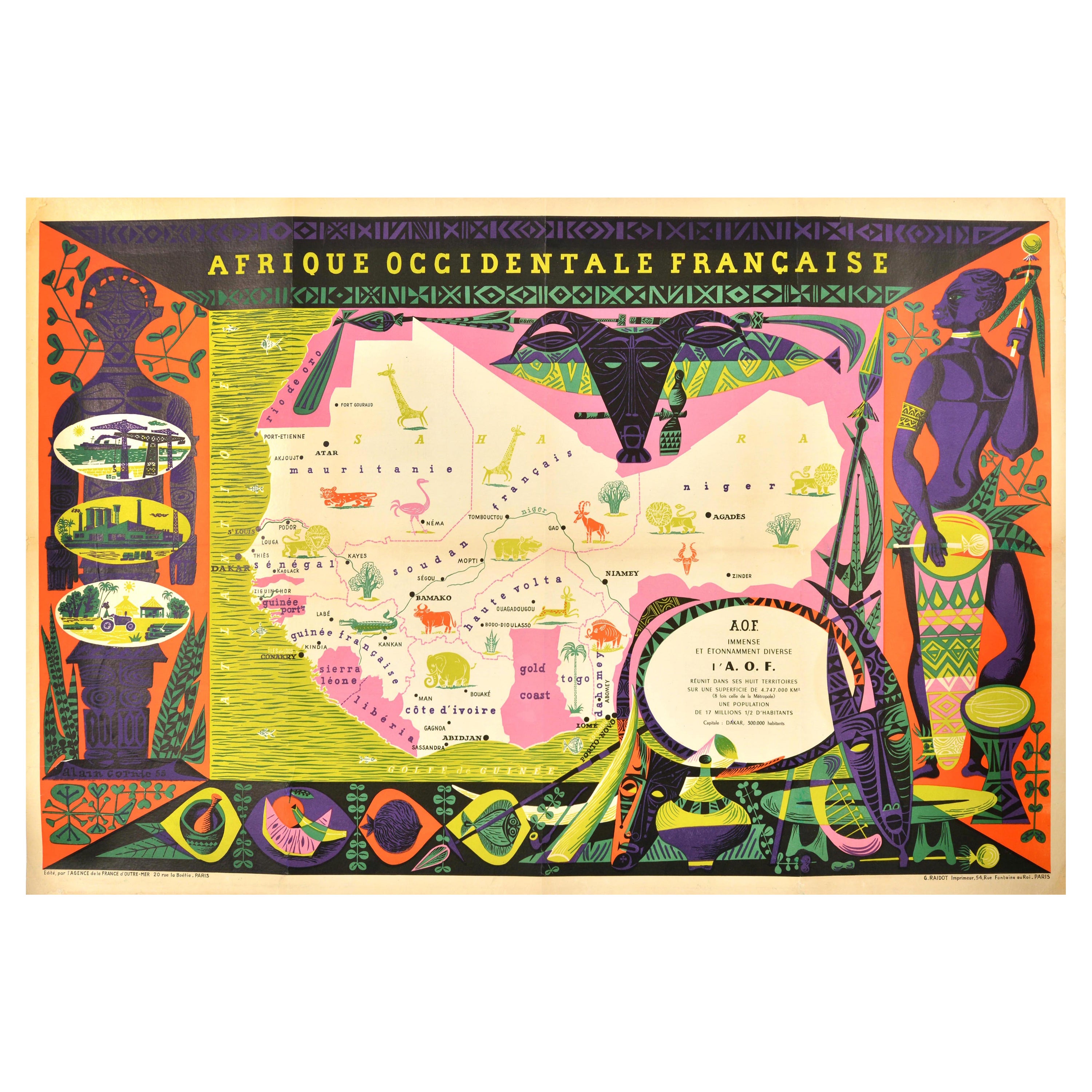 Affiche rétro originale, Carte de l'Afrique de l'Ouest et de l'Afrique occidentale, Art français