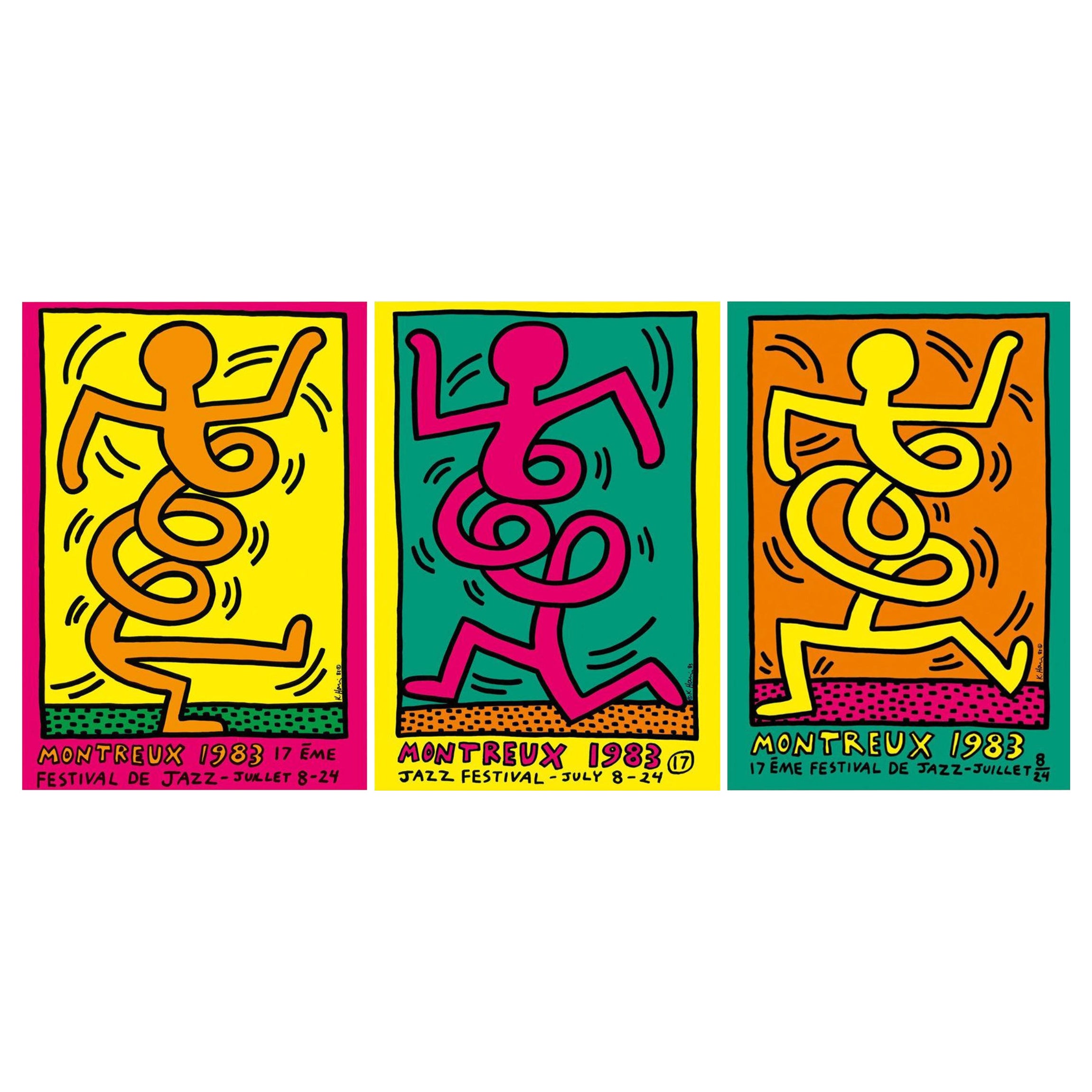 Ensemble de trois affiches vintage d'origine du festival de jazz de Montreux de Keith Haring, 1983 en vente