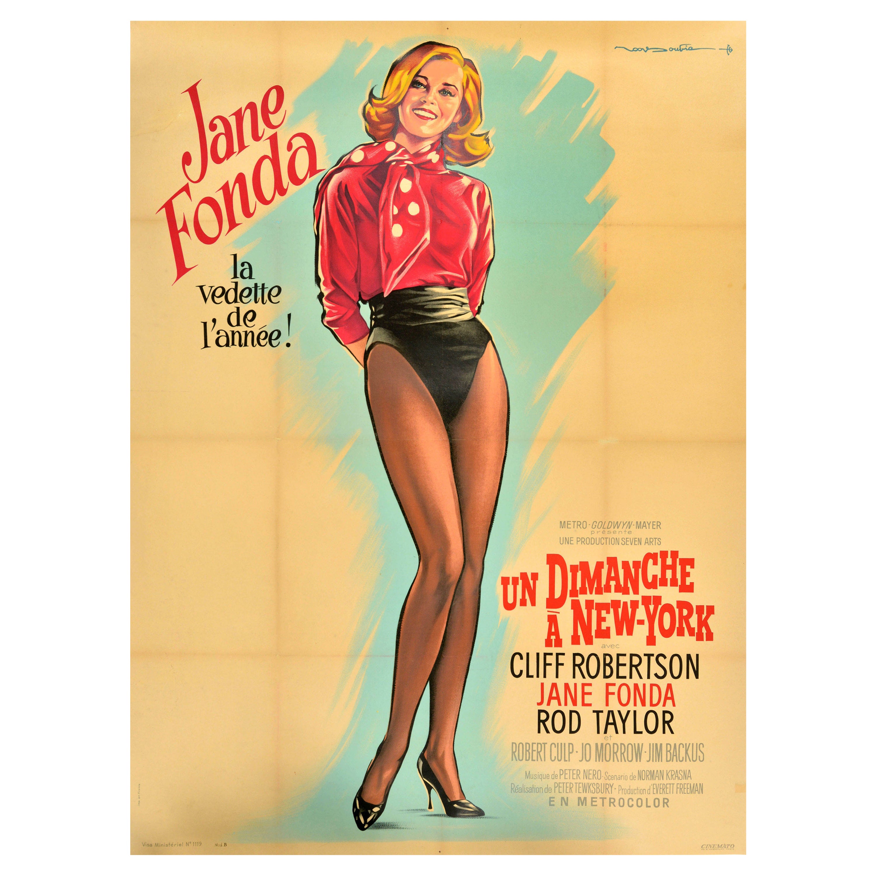 Affiche rétro originale du film comique Sunday In New York, Jane Fonda, Roger Soubie