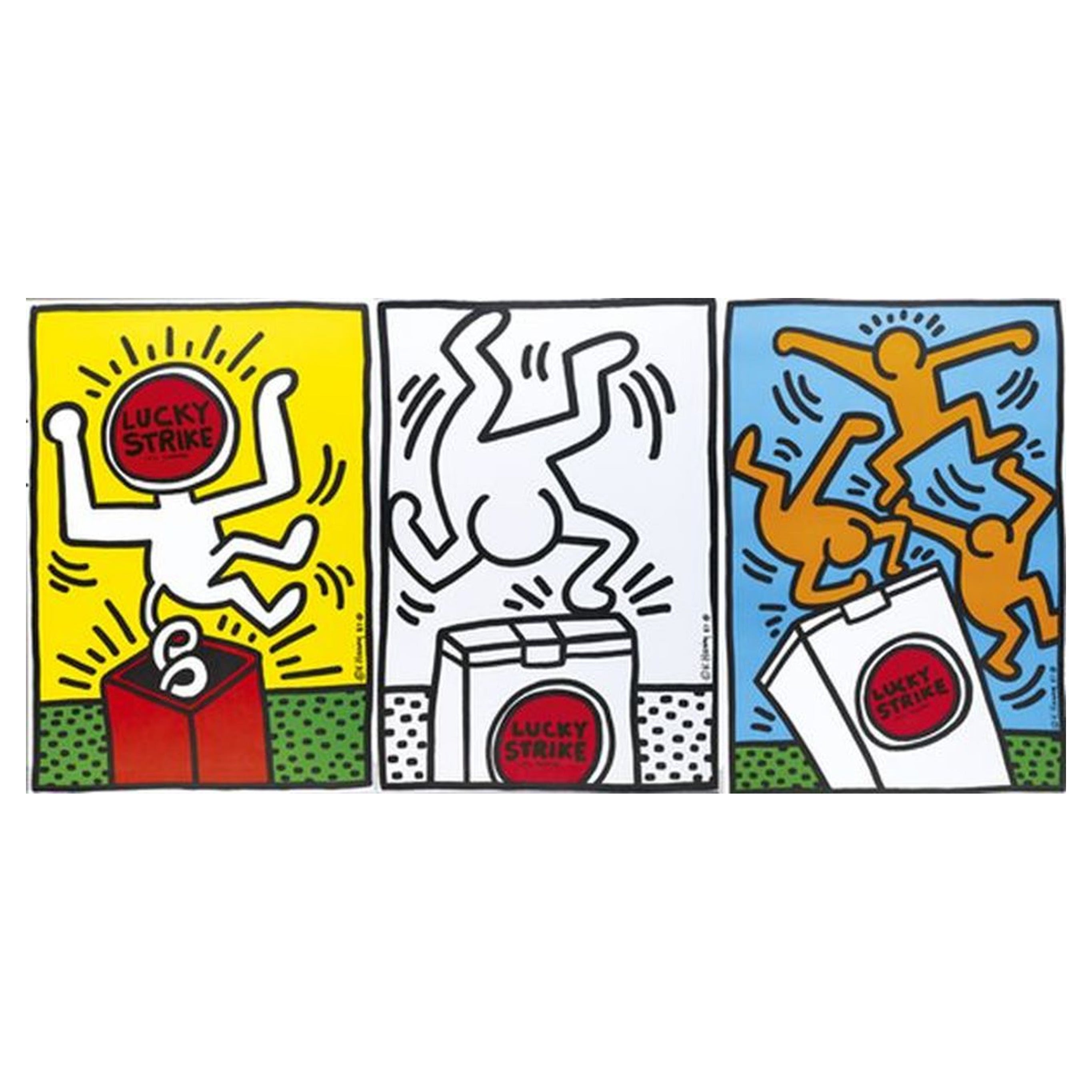 1987 Keith Haring Lucky Strike Set of Three Original Vintage Posters For Sale