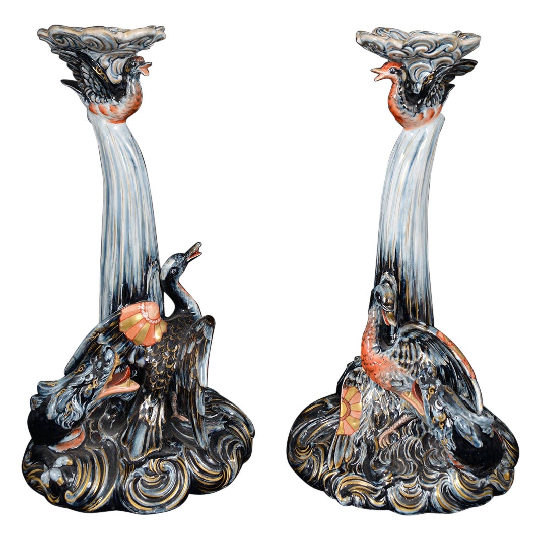 Paire de chandeliers Keller & Guerin en poterie française Lunéville Saint Clément C20th en vente
