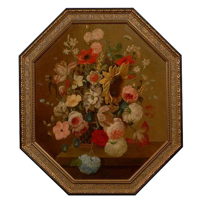 French Restauration Period 1820s Framed Octagonal Painting Depicting a Bouquet For Sale
