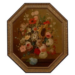 French Restauration Period 1820s Framed Octagonal Painting Depicting a Bouquet