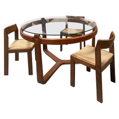 Retro Mid-Century Modern Italian Round Table with Smoked Glass Top and 3 Wooden Chairs