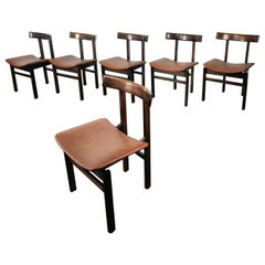 Dining Chairs Curved Wood Leather Brown Seating Midcentury Italy 1960s Set of 6
