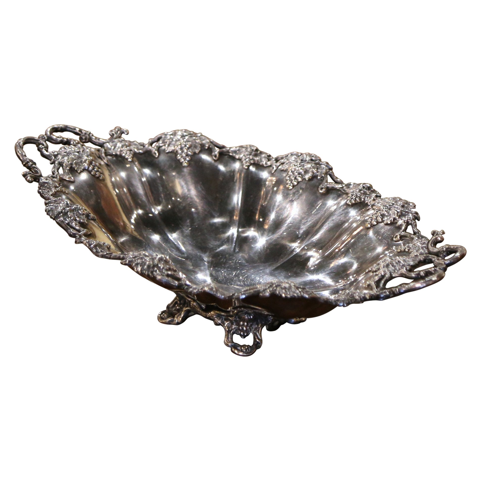 19th Century French Silver Plated Bread Basket with Vine Decor For Sale