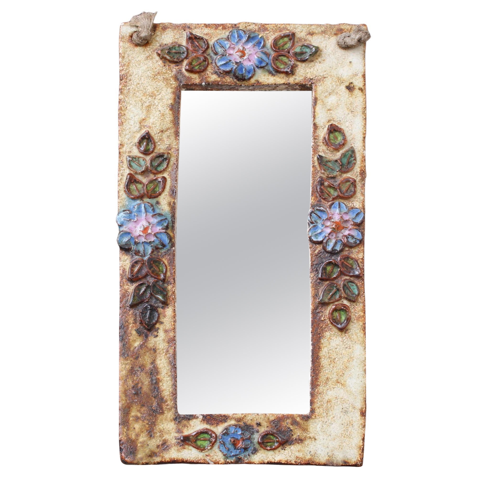 Ceramic Wall Mirror with Flower Motif by La Roue 'circa 1960s'