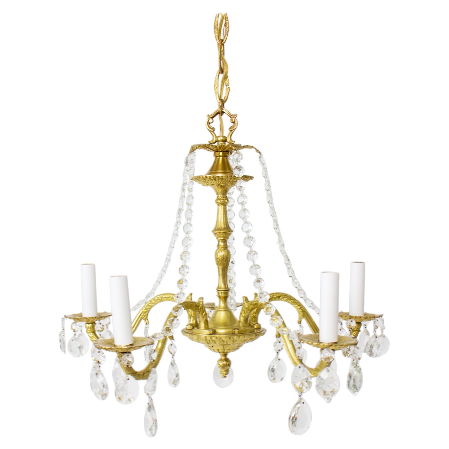 Mid-20th Century Five Arm Spanish Cast Brass and Crystal Chandelier For Sale