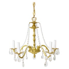 Retro Mid-20th Century Five Arm Spanish Cast Brass and Crystal Chandelier