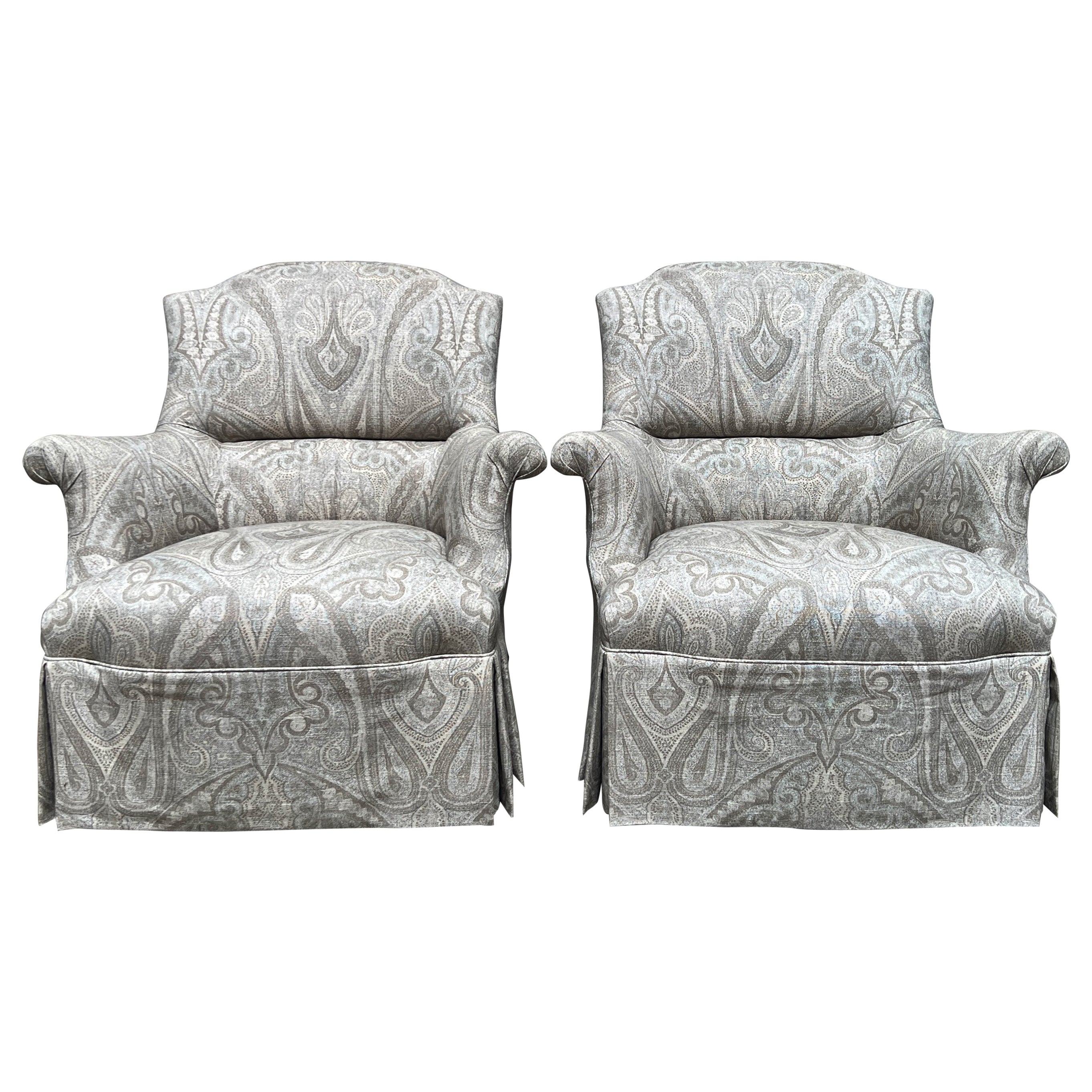 Pair of Napoleon III Style Upholstered Lounge Chairs in Gray Paisley Fabric For Sale