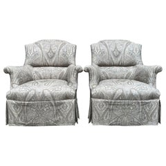 Pair of Napoleon III Style Upholstered Lounge Chairs in Gray Paisley Fabric