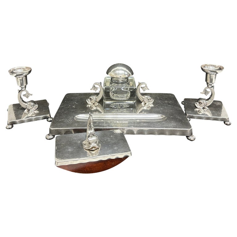 Dolphin Fish Inkwell, Candlestick, Blotter Desktop Set, Silver Plated