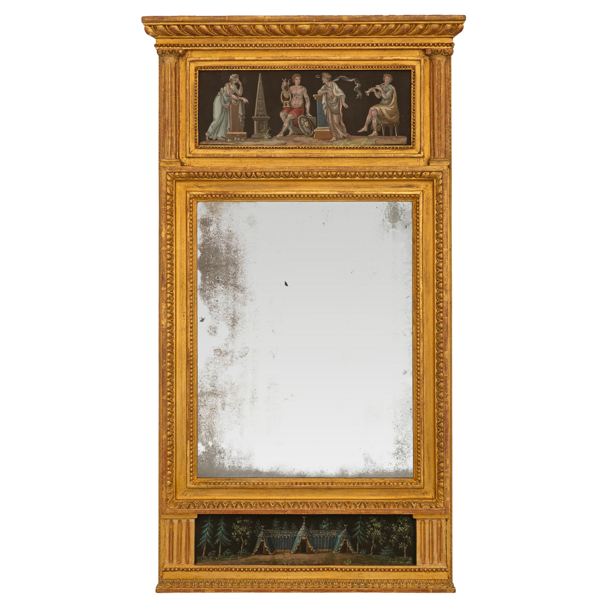 Italienischer Trumeau-Spiegel im neoklassischen Stil des frühen 19. Jahrhunderts aus vergoldetem Holz und Gouache