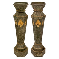 Pair of French 19th Century Louis XVI St. Vert Antique Marble and Ormolu Columns