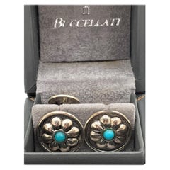 Buccellati Italian Pair of Sterling Silver & Turquoise Cufflinks Floral Design