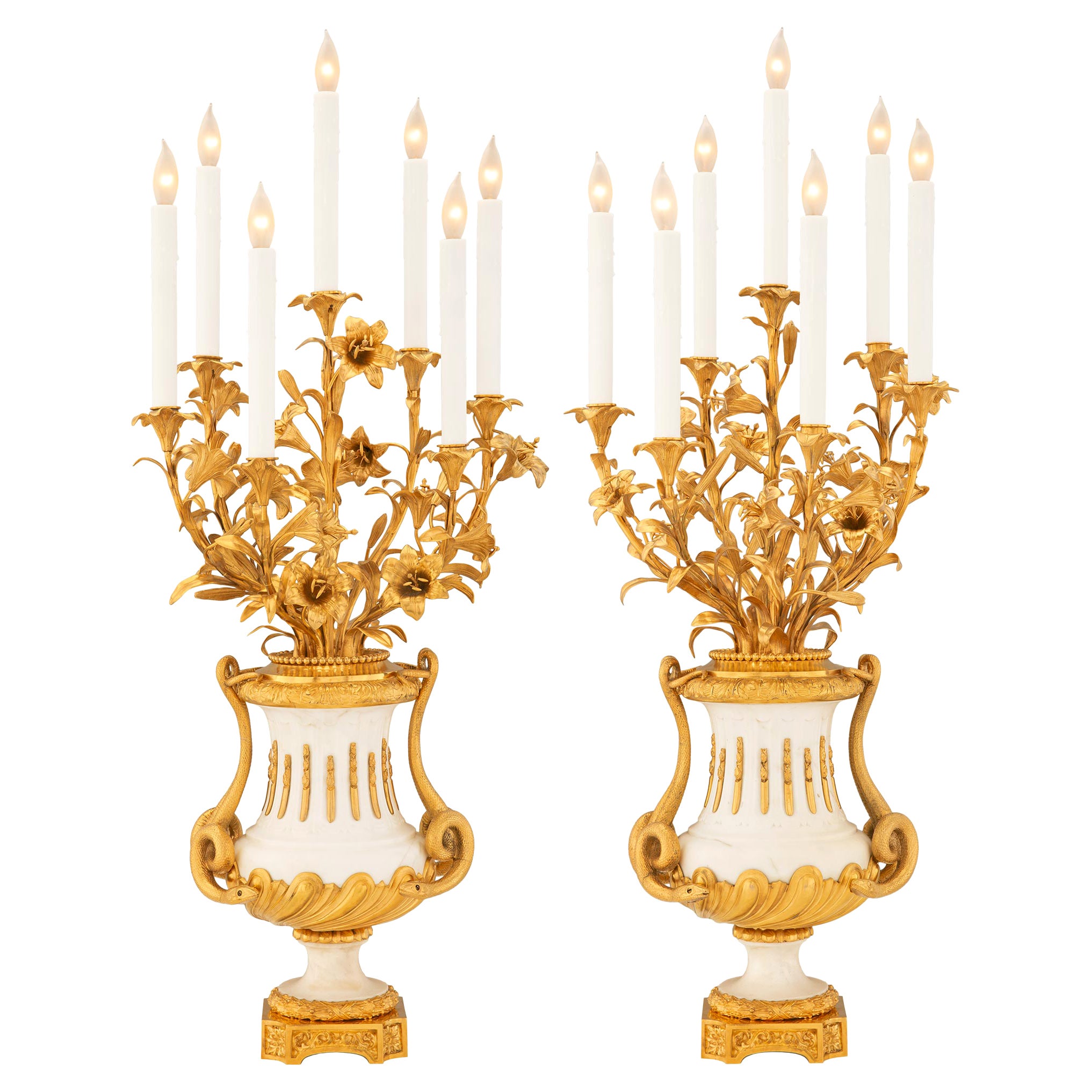 True Pair of French 19th Century Louis XVI St. Marble & Ormolu Candelabra Lamps