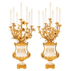 True Pair of French 19th Century Louis XVI St. Marble & Ormolu Candelabra Lamps