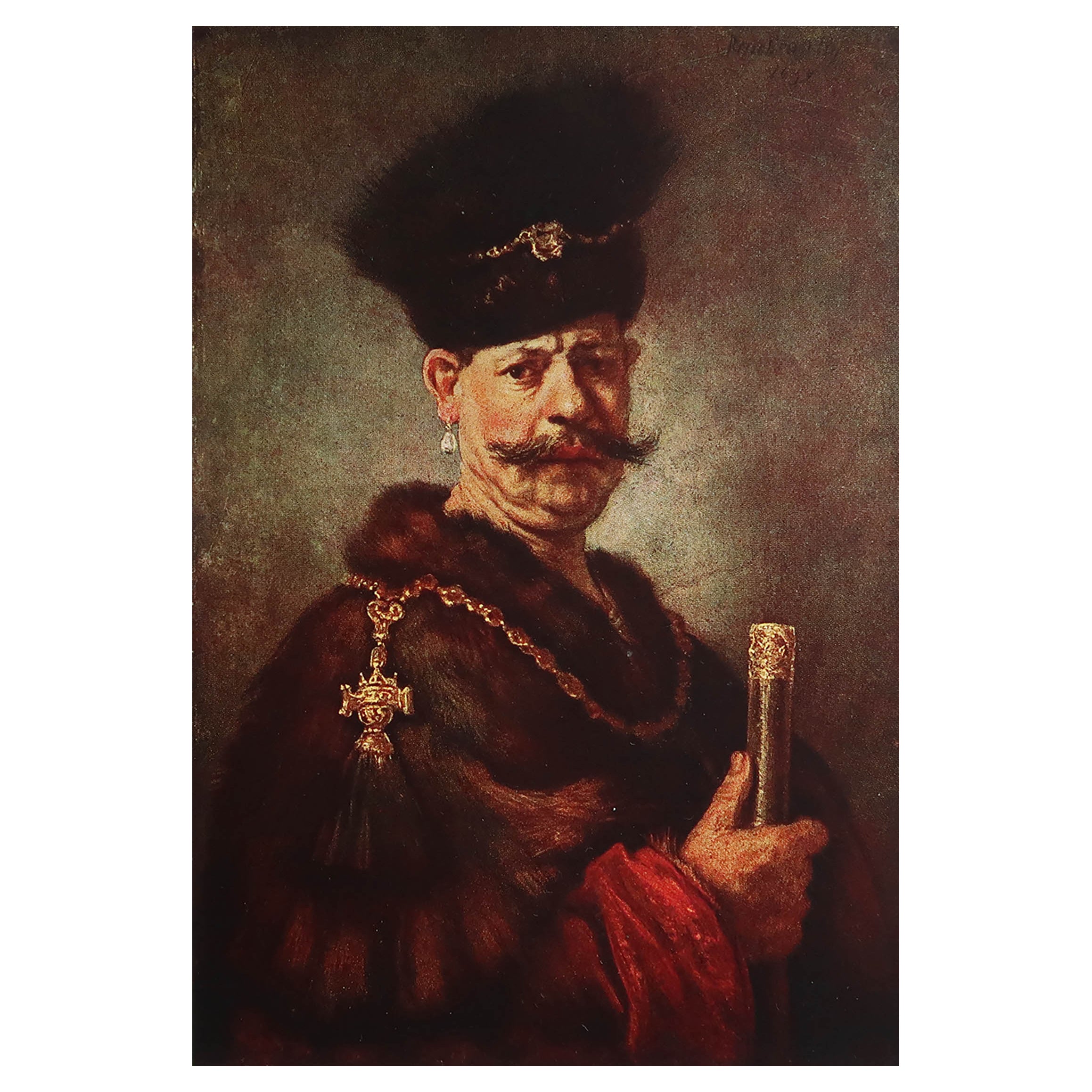 Grabado original antiguo según Rembrandt, Retrato de caballero, hacia 1900
