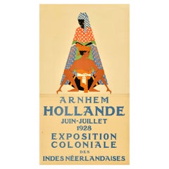 Affiche publicitaire originale vintage d'une exposition coloniale néerlandaise des Indes orientales, Arnhem