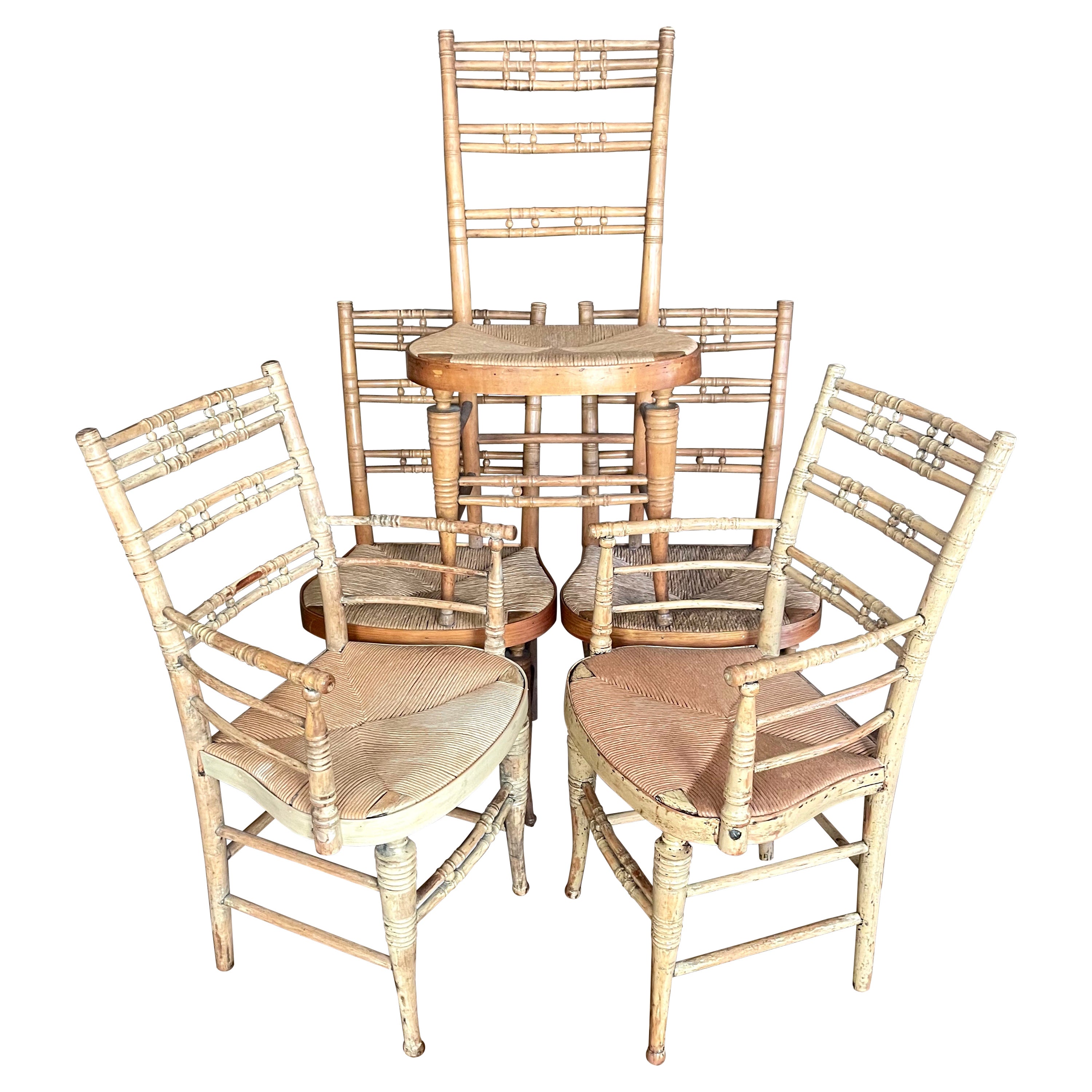 Set of Five American Turned Wood Rush Chairs