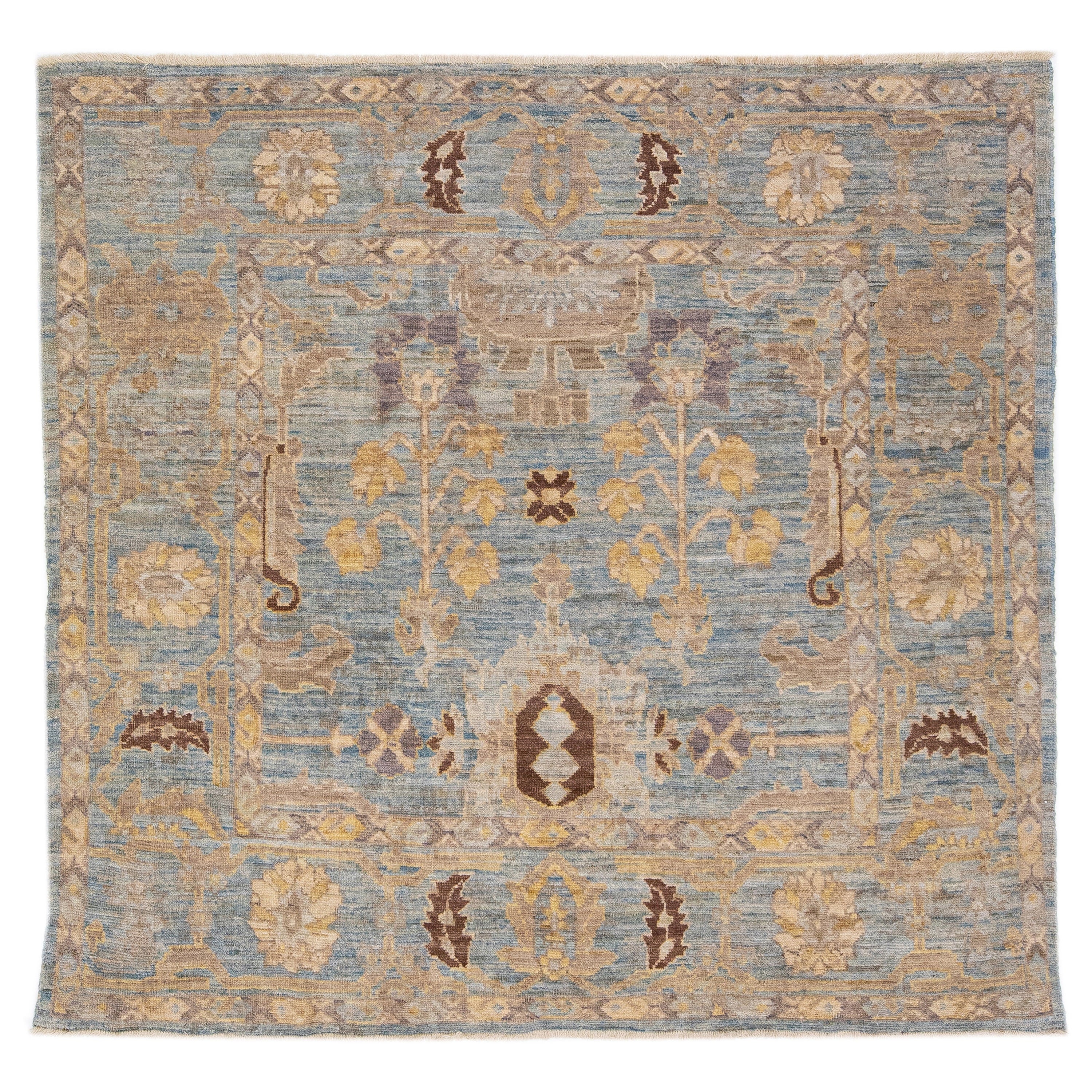 Modern Square Sultanabad Wool Rug Handmade Floral in Blue