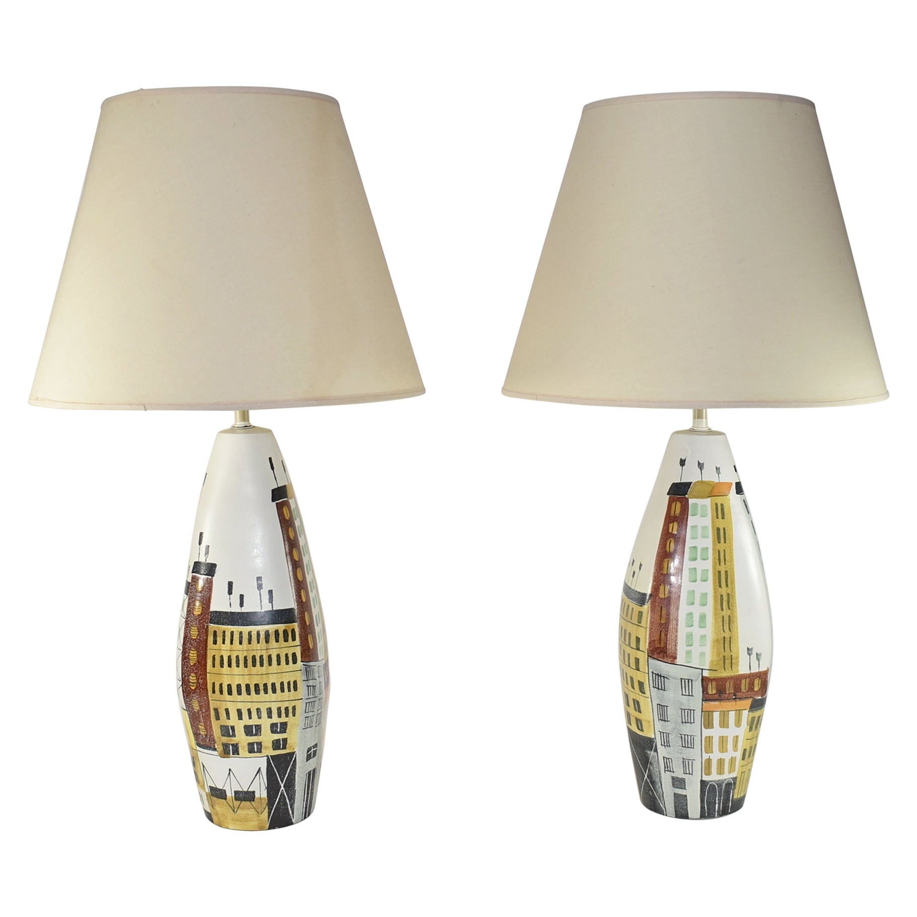 Pair of Bitossi Raymor Italian Cityscape Ceramic Table Lamps