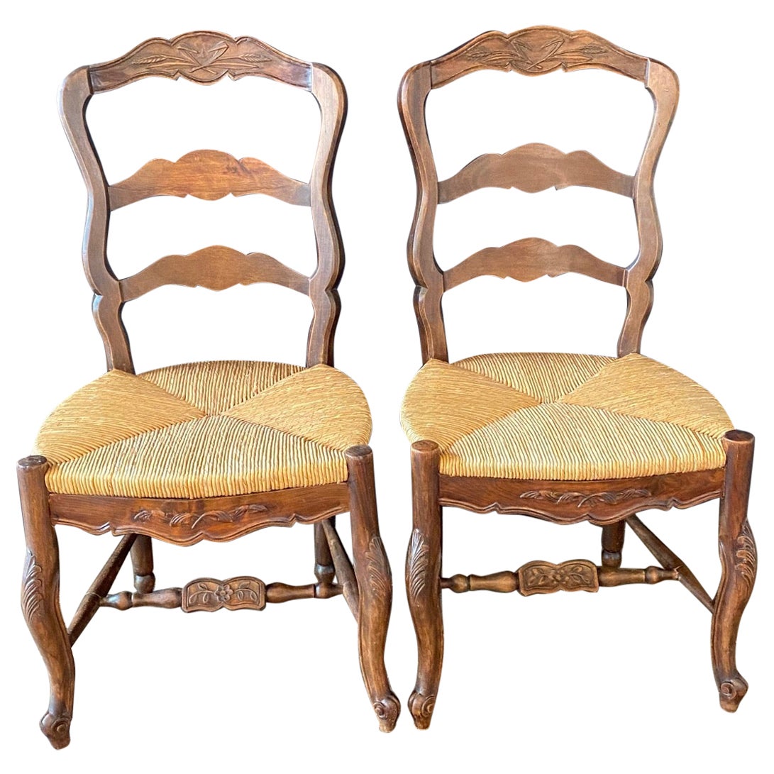Pair of French Country Hand Woven Rush Seat Dining Chairs with Lovely Carvings